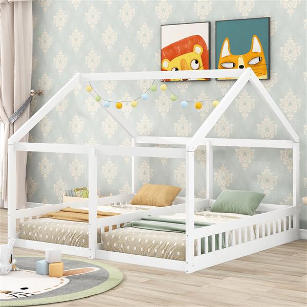 Twin Size House Platform Beds,Two Shared Beds, White