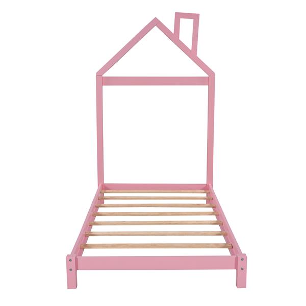 Twin Size Wood Platform Bed with House-shaped Headboard  (Pink)