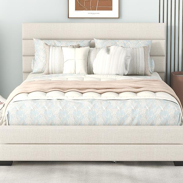 Queen Upholstered Platform Bed with Twin Size Trundle and Two Drawers, Beige