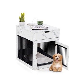 White Dog House with Drawer and Wired Wireless Charging，Side Table，Nightstand，