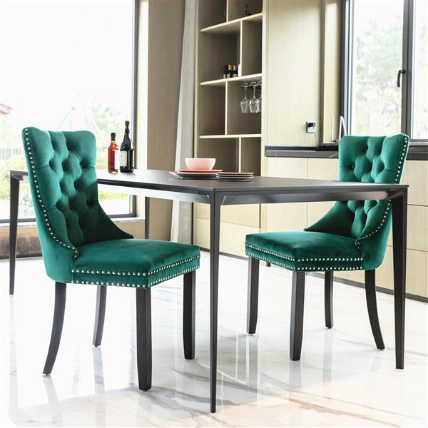 Modern, High-end Tufted Solid Wood Contemporary Velvet Upholstered Dining Chair with Wood Legs Nailhead Trim 2-Pcs Set,Green