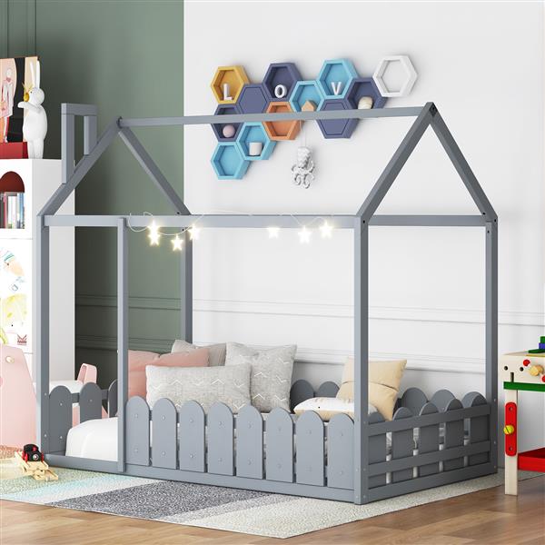 {Slats are not included}Twin Size Wood Bed House Bed Frame with Fence,for Kids,Teens, Girls,Boys {Gray}