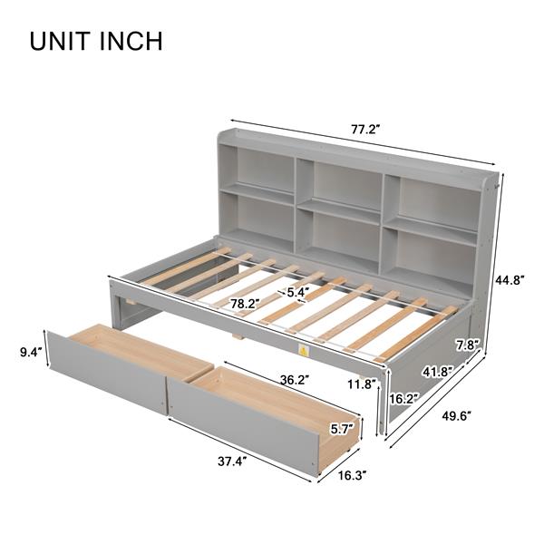 Twin Bed with Side Bookcase, Drawers ,Grey