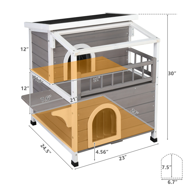  Wooden Cat house 2-Story Indoor Outdoor Luxurious Cat Shelter House with Transparent Canopy, Large Balcony, Openable Weatherproof Roof,Double escape door, Grey&White