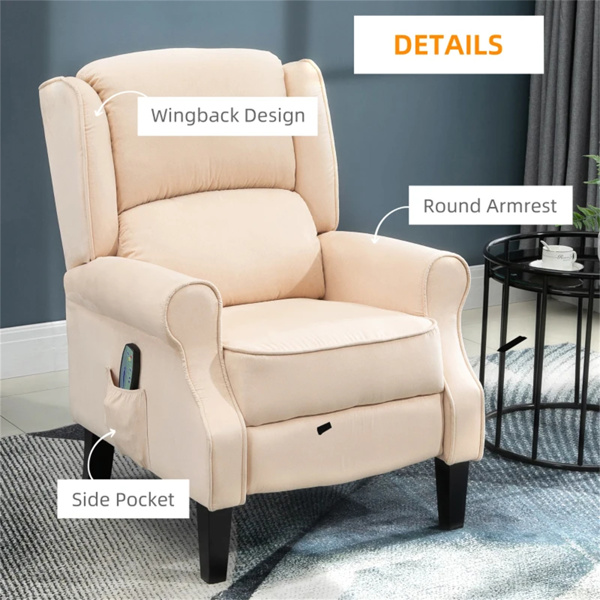 Cream White Recliner Chair. Wingback Single Sofa with Vibration Massage, Heat, Push Back