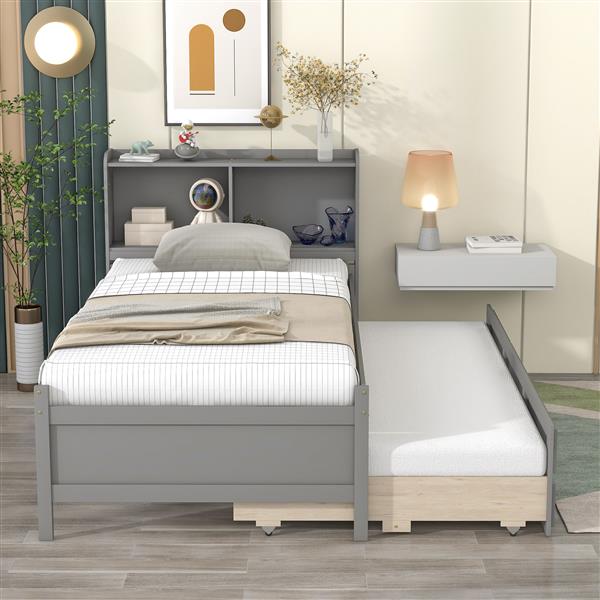 Twin Bed with Twin Trundle,Drawers,Grey