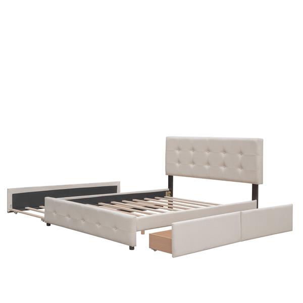 Upholstered Platform Bed with 2 Drawers and 1 Twin XL Trundle,  Linen Fabric, Queen Size - Dark Beige