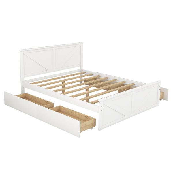 Queen Size Wooden Platform Bed with Four Storage Drawers and Support Legs, White