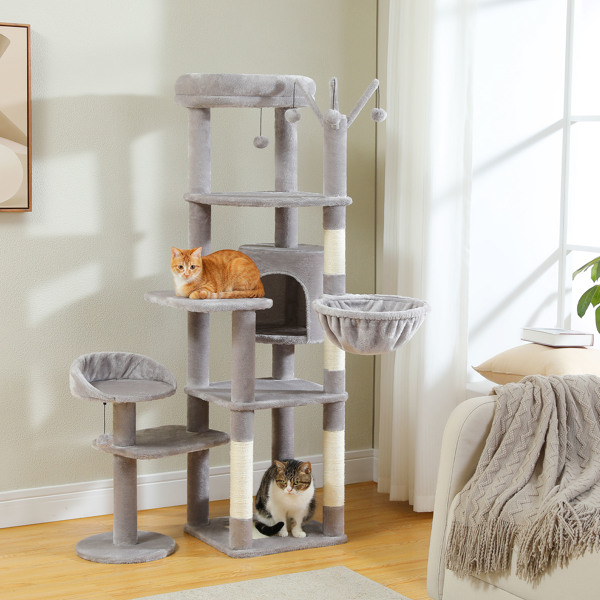 59" Cat Tree,Cat Tower for Large Cats,Multi-Level Cat Tower with 3 Removable Pompom Sticks,Cat Condo with Large Hammock,Scratching Post,and 2 Perches,Grey(Banned shein,unable to ship on weekends)