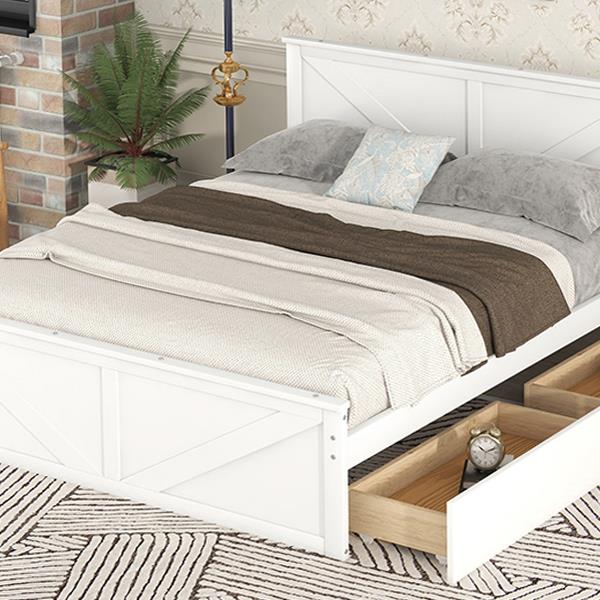 Queen Size Wooden Platform Bed with Four Storage Drawers and Support Legs, White