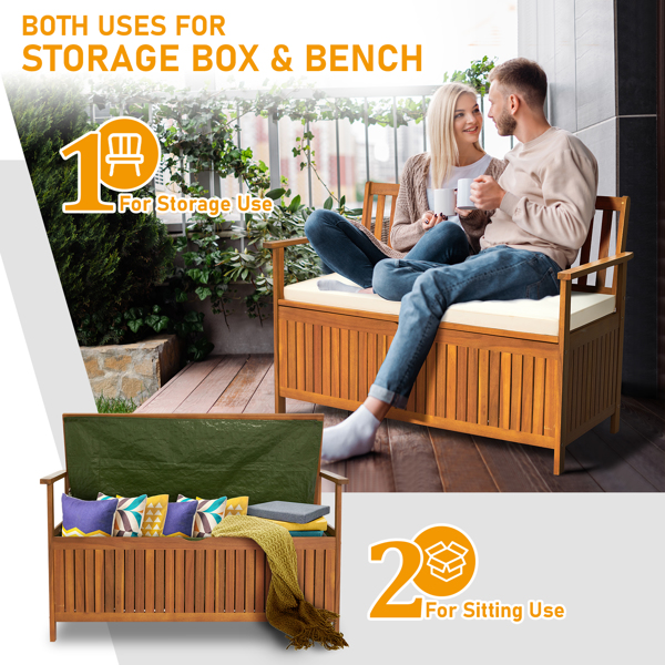 Wooden Outdoor Storage Bench Large Deck Box, Entryway Storage Bench with Inner Waterproof Dustproof Lining for Patio Garden Balcony Yard, Natural Wood Color