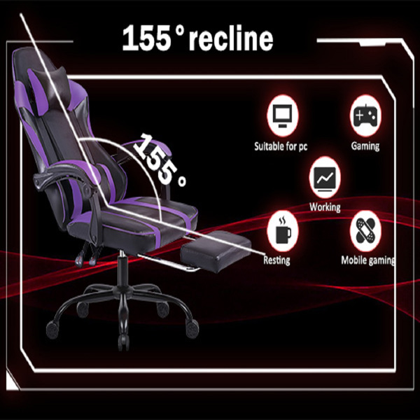 Video Game Chairs for Adults, PU Leather Gaming Chair with Footrest, 360°Swivel Adjustable Lumbar Pillow Gamer Chair, Comfortable Computer Chair for Heavy People, Purple