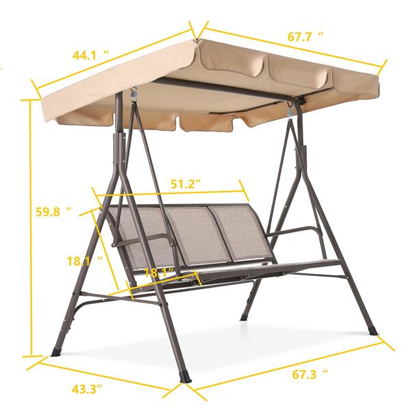 3 Person Outdoor Patio Swing,Steel Frame Textilene Seats Steel Frame Swing Chair,Beige