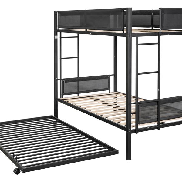 Metal Twin over twin bunk bed with Trundle/ Sturdy Metal Frame/ Noise-Free Wood Slats/ Comfortable Textilene Guardrail/ 2 side Ladders/ Space-Saving Trundle/ Bunk Bed for Three/ No Box Spring Needed