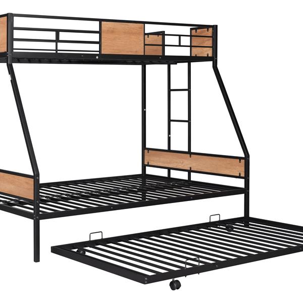 Metal Twin over Full Bunk Bed with Trundle/ Heavy-duty Sturdy Metal/ Noise Reduced/ Safety Guardrail/ Wooden Decoration/ Convenient Trundle / Bunk Bed for Three/ CPC Certified/ No Box Spring Needed