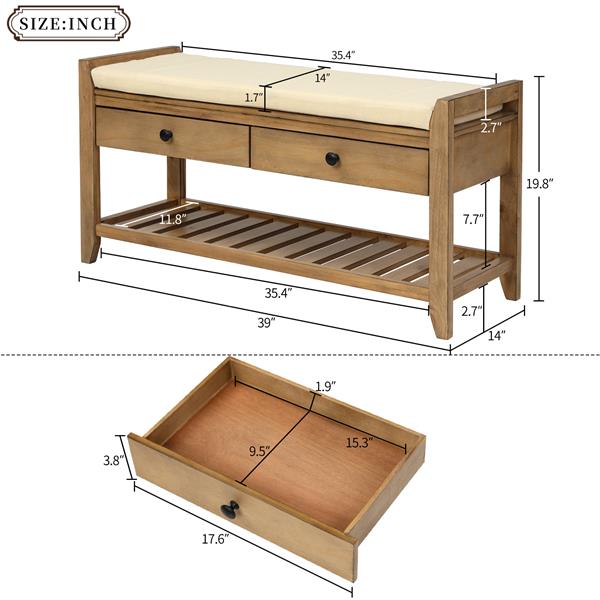 Shoe Rack with Cushioned Seat and Drawers, Multipurpose Entryway Storage Bench (Old Pine)