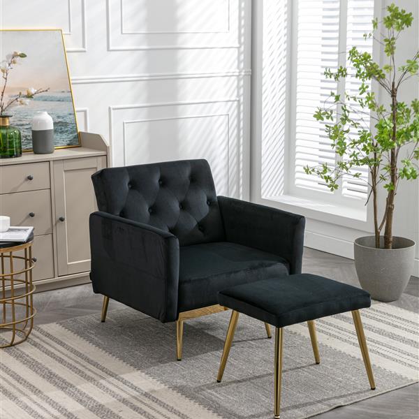 Velvet Accent Chair with Adjustable Armrests and Backrest, Button Tufted Lounge Chair, Single Recliner Armchair with Ottoman