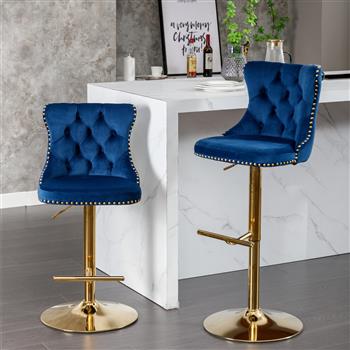 Furniture,Golden Swivel Velvet Barstools Adjusatble Seat Height from 25-33 Inch, Modern Upholstered Bar Stools with Backs Comfortable Tufted for Home Pub and Kitchen Island,Blue,Set of 2