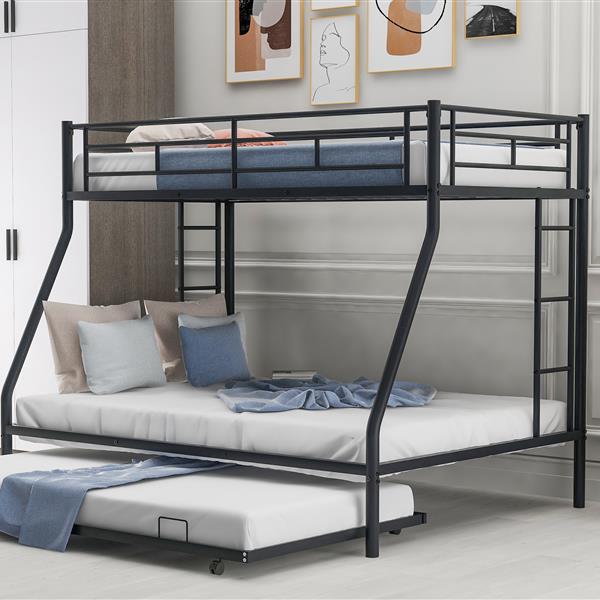 Twin over Full Bed with Sturdy Steel Frame, Bunk Bed with Twin Size Trundle, Two-Side Ladders, Black