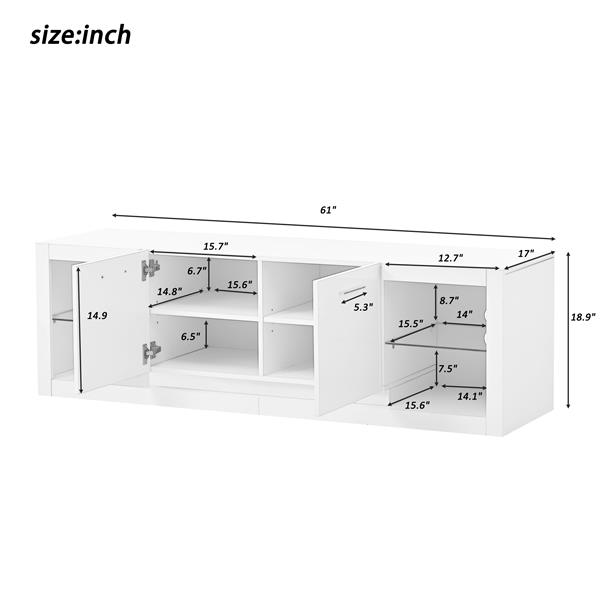 [VIDEO provided] Modern TV Stand with 2 Tempered Glass Shelves, High Gloss Entertainment Center for TVs Up to 70'', Elegant TV Cabinet with LED Color Changing Lights for Living Room, White