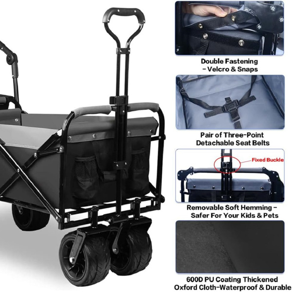 Collapsible Heavy Duty Beach Wagon Cart All Terrain Beach Wheels Large Capacity Outdoor Folding Utility Camping Garden Cart Brake for Beach Camping Shopping (black＆gray）