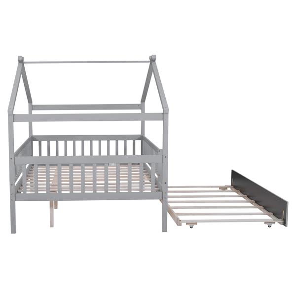 Full Size Wooden House Bed with Twin Size Trundle, Gray