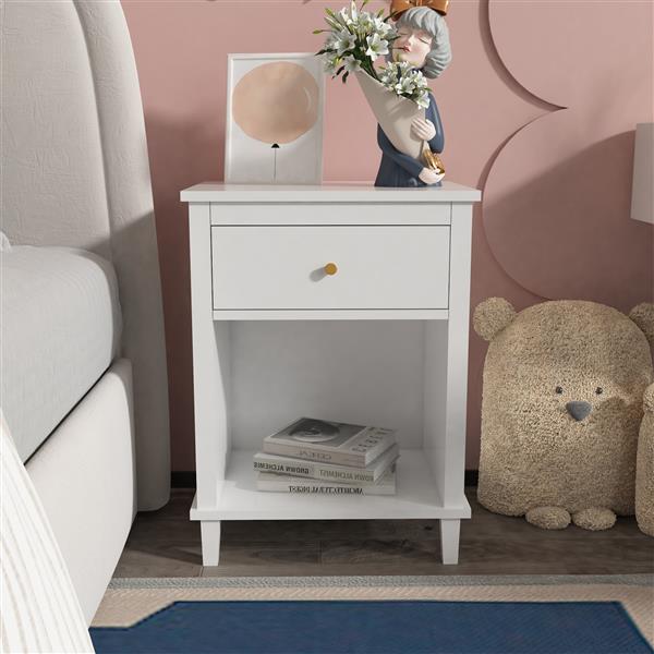 26.77''H Wooden Nightstand with One Drawer One Shelf for Kids, Adults, White