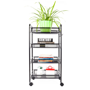Exquisite Honeycomb Net Four Tiers Storage Cart with Hook Black