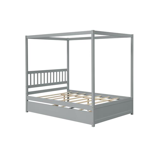 Full Size Canopy Bed with Twin Trundle, Kids Solid Wood Platform Bed Frame w/ Headboard, No Box Spring Needed Grey Color