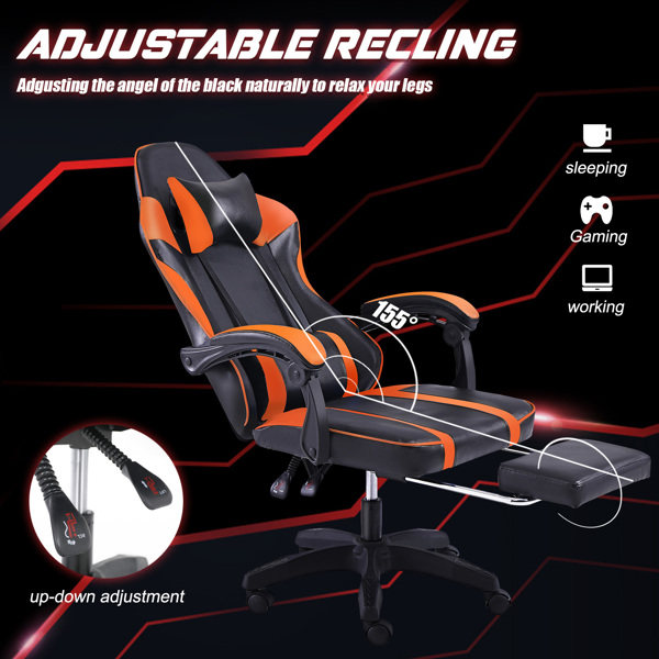 Ergonomic Gaming Chair with Footrest, Comfortable Computer Chair for Heavy People, Adjustable Lumbar Desk Office Chair with 360°-Swivel Seat, PU Leather Video Game Chairs for Adults, Orange