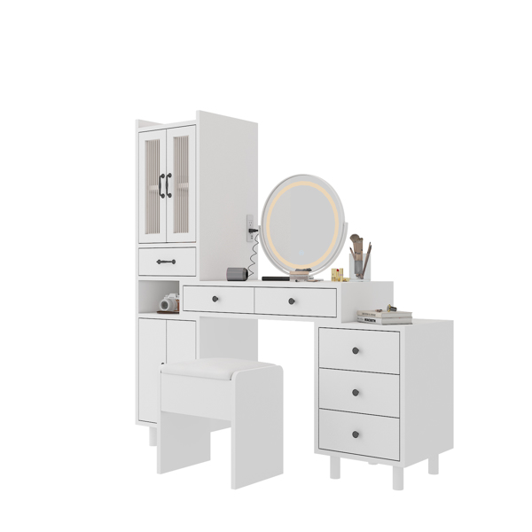 Modern Makeup Vanity Table Set with Side Cabinet and Nightstand and LED Mirror, Retractable Dressing Table with Power Outlets, 3 Light Colors