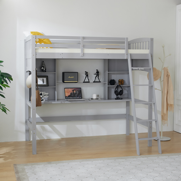 Loft bed with shelf with desk inclined ladder gray twin wooden bed pine particle board