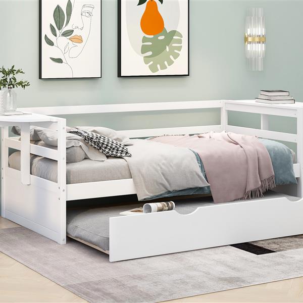 Twin Size Daybed with Trundle and Foldable Shelves on Both Sides,White