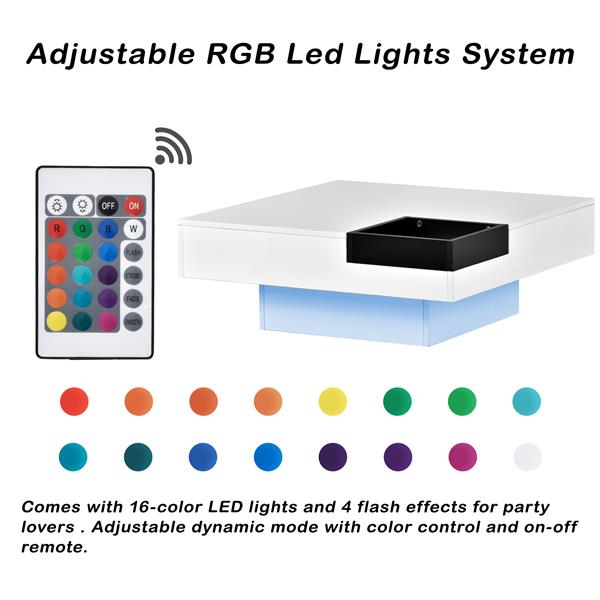 Modern Minimalist Design 31.5*31.5in Square Coffee Table with Detachable Tray and Plug-in 16-color LED Strip Lights Remote Control for Living Room