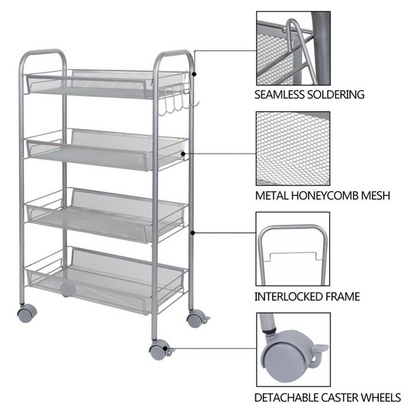 Honeycomb Mesh Style Four Layers Removable Storage Cart Silver