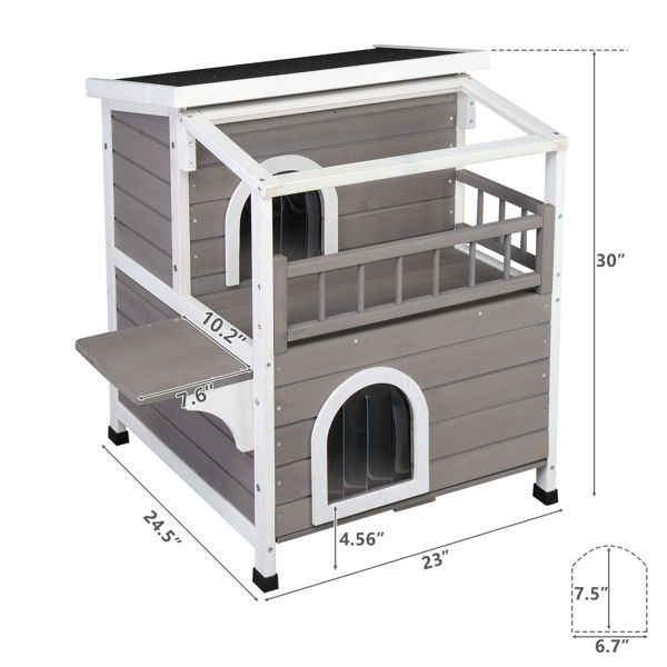  Wooden Cat house 2-Story Indoor Outdoor Luxurious Cat Shelter House with Transparent Canopy, Large Balcony, Openable Weatherproof Roof,Double escape door, Grey&White