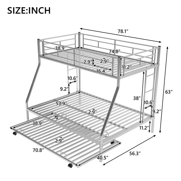 Twin over Full Bed with Sturdy Steel Frame, Bunk Bed with Twin Size Trundle, Two-Side Ladders, Silver