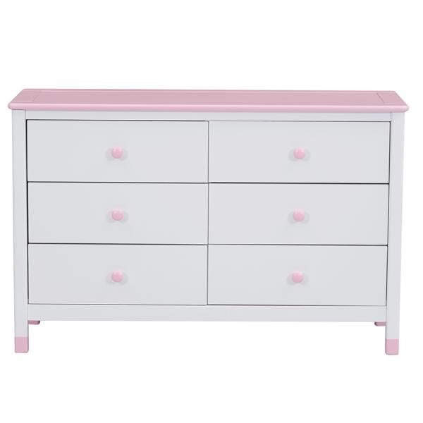 Wooden Storage Dresser with 6 Drawers,Storage Cabinet for kids Bedroom,White+Pink