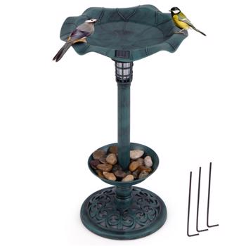 Green Standing Pedestal Birdbath and Feeder Combo with Solar Powered Lamp