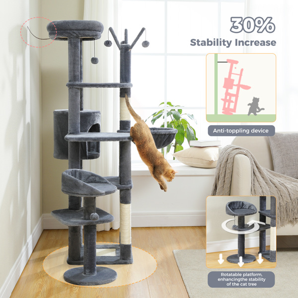 59" Cat Tree,Cat Tower for Large Cats,Multi-Level Cat Tower with 3 Removable Pompom Sticks,Cat Condo with Large Hammock,Scratching Post,and 2 Perches,Deep Grey(Banned shein,unable to ship on weekends)