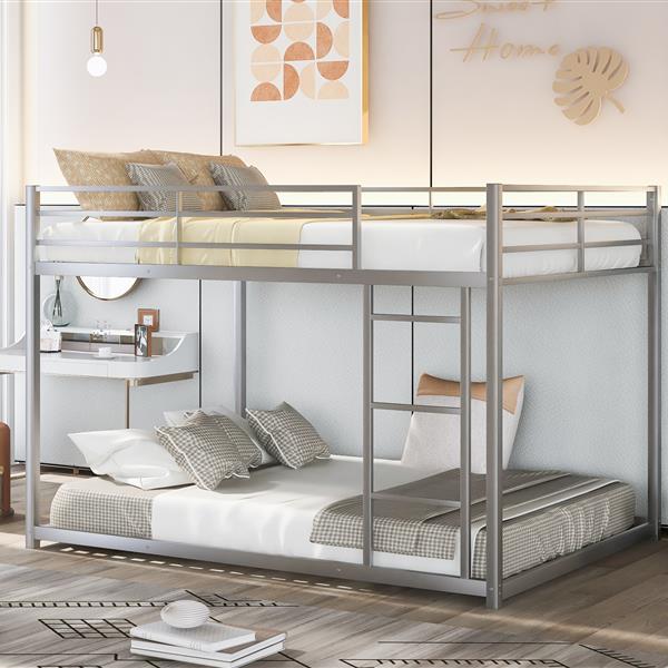 Full over Full Metal Bunk Bed, Low Bunk Bed with Ladder, Silve