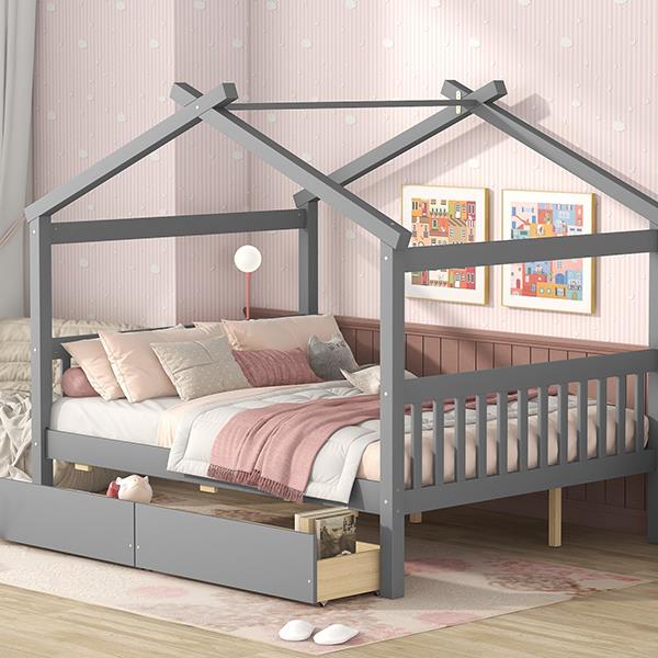 Full Size Wooden House Bed with Drawers, Gray