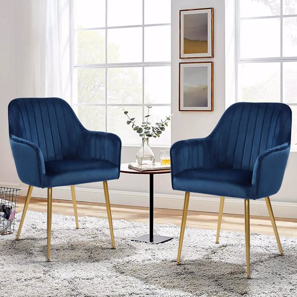 Furniture Velvet Living Dining Room Set of 2 Accent Arm Chairs Upholstered Seat Club Guest Mid Century Chair with Golden Metal Legs 