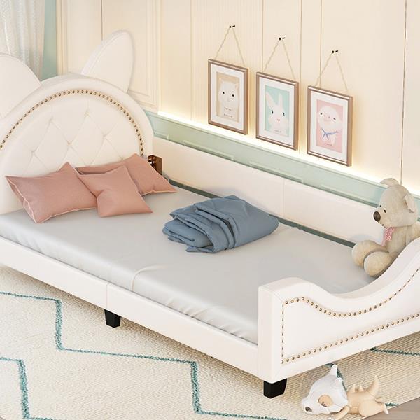 Twin Size Upholstered Daybed with Carton Ears Shaped Headboard, White