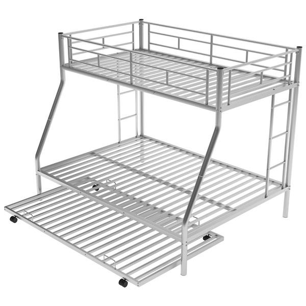 Twin over Full Bed with Sturdy Steel Frame, Bunk Bed with Twin Size Trundle, Two-Side Ladders, Silver