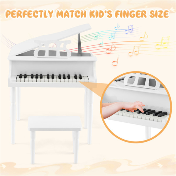 White Kids Piano 30-Key Wood Toy Kids Grand Piano with Bench and Music Rack