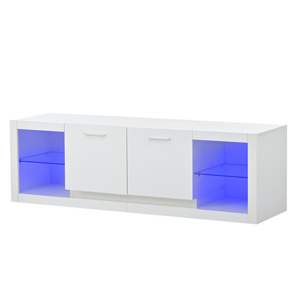 [VIDEO provided] Modern TV Stand with 2 Tempered Glass Shelves, High Gloss Entertainment Center for TVs Up to 70'', Elegant TV Cabinet with LED Color Changing Lights for Living Room, White