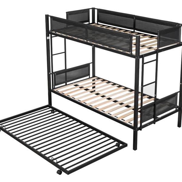 Metal Twin over twin bunk bed with Trundle/ Sturdy Metal Frame/ Noise-Free Wood Slats/ Comfortable Textilene Guardrail/ 2 side Ladders/ Space-Saving Trundle/ Bunk Bed for Three/ No Box Spring Needed