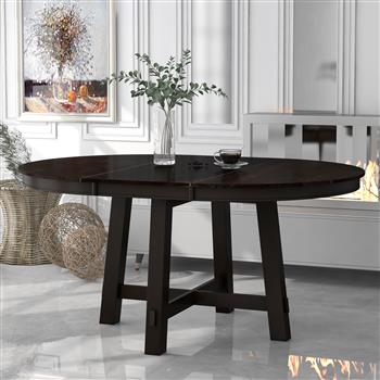 Farmhouse Round Extendable Dining Table with 16\\" Leaf Wood Kitchen Table (Espresso)