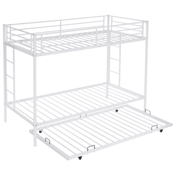 Twin Over Twin Bunk Bed with Trundle, Triple Bunk Beds for Kids Teens Adults, Metal Bunk Bed with Two Side Ladder and Guardrails, White